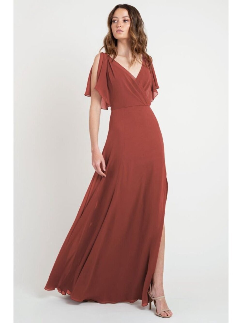 JENNY YOO Hayes V-Neck Flutter Sleeve Maxi Dress Rust SIze 4 Womens